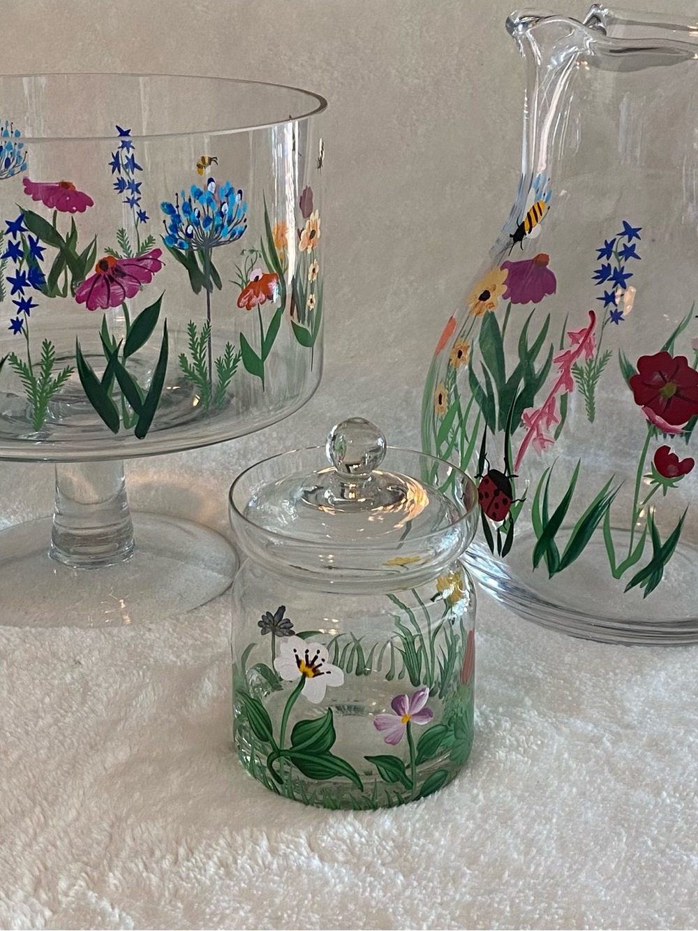 Hand-Painted Floral Glass Set - Clear with Multicolor Flowers - Set of 3